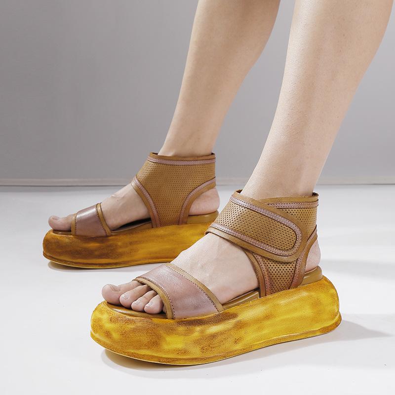Johnature Genuine Leather Thick Sole Sandals Retro Soft Sole Handmade Women's Flat Platform Shoes