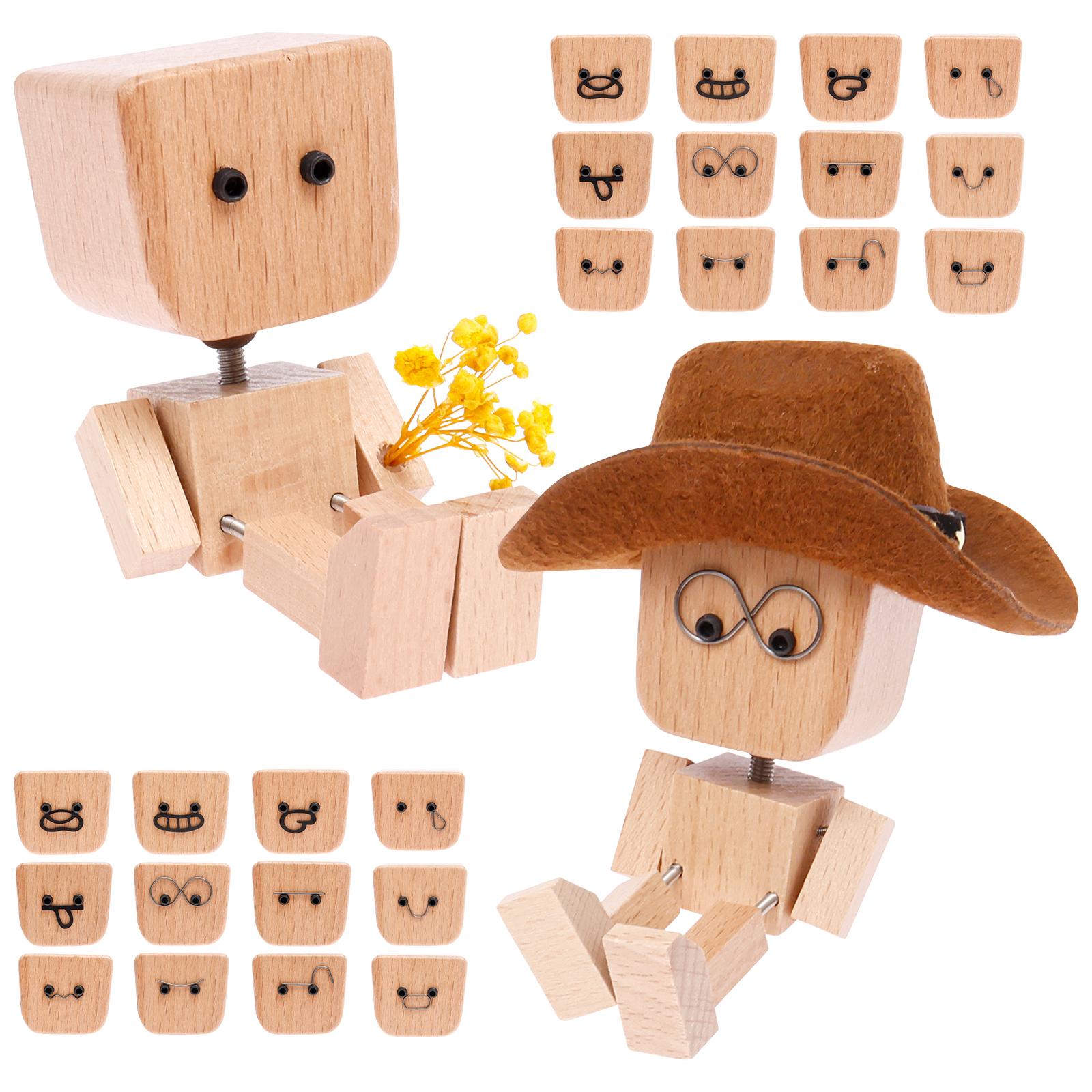 

2Pcs Shaking Man Statue Handmade Wooden Man Figurine with Shaking Feet and 24Pcs Expressions Home Decoration Desktop Ornament