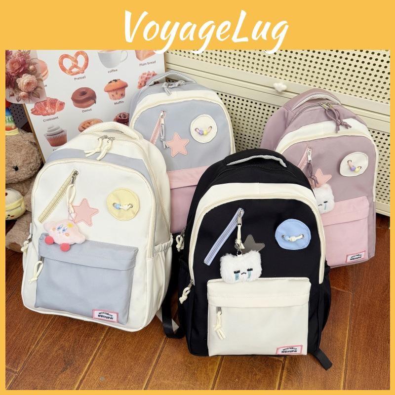 Blocked Cute Color Star Collage Student Backpack And Shoulder Bag With Pendant