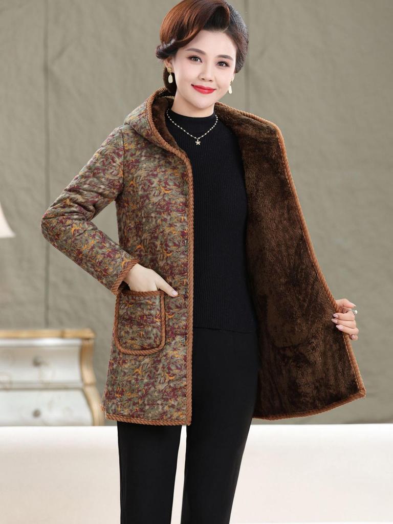 Women's Mid-Length Winter Coat with Thick Velvet Lining for Middle-Aged and Elderly