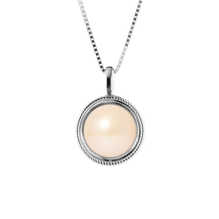 PERLINEA - Simple Necklace - AAA+ Freshwater Cultured Pearl - 9-10 mm Button - Natural Pink - 925 Thousandths Silver - Womens Jewelry