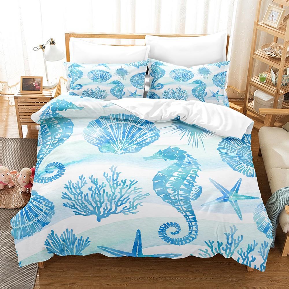 Cute Ocean Friends 3D Bedding Set  Comforter Set for Kids Girls 3PCS Toddler Size Sea Horse Couch Print In Soothing Pastels Gift