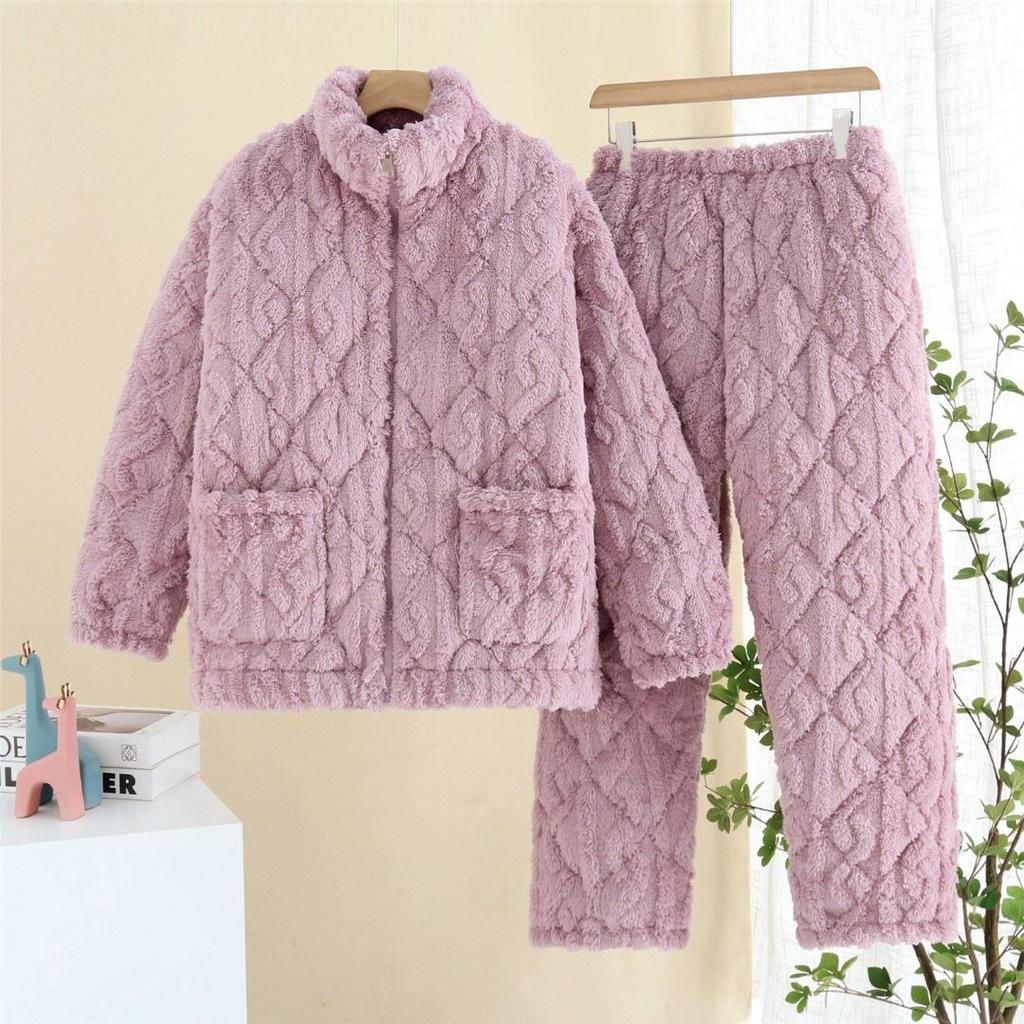 Three-Layer Fleece-Lined Quilted Winter Pajama Set for Elderly Women - Warm Coral Fleece Home Wear & Outerwear