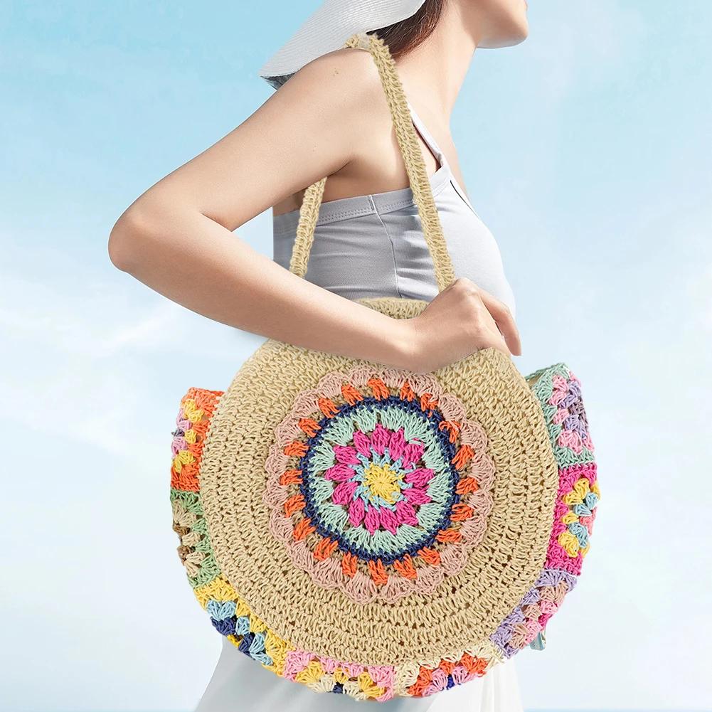 Women Fashion Woven Handbag Round Straw Woven Tote Bag Vacation Shoulder Bag Large Capacity Ethnic Style for Travel Vacation
