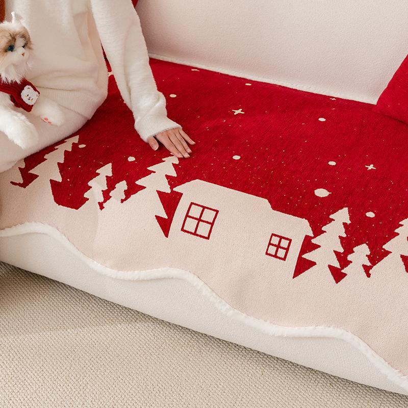 Special-Shaped Sofa Cushion Festive Red New Winter Chenille Sofa Seat Cushion One-Piece Straight Row Sofa Cover Cloth Protection