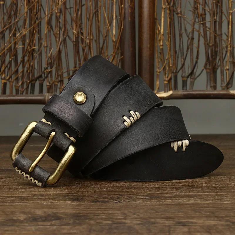 Curea de înaltă calitate 3.8CM Bărbați Piele naturală Cowboy Talie Masculină Piele de vacă pură Cataramă alamă Curele blugi pentru bărbați Designer de lux