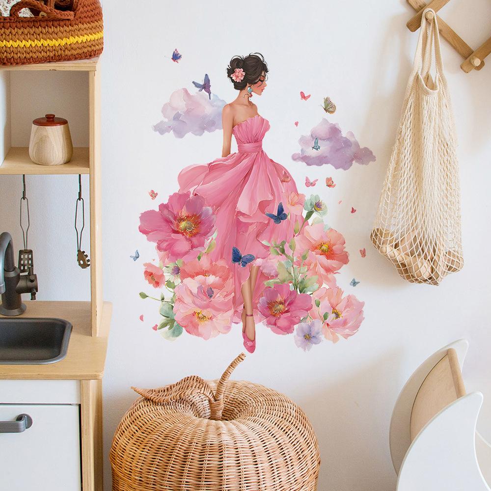 Fantastical Flower Fairy with Clouds and Butterflies Wall Sticker Enchanting Dreamy Self-Adhesive Removable Decor for Living Room Bedroom Girls Room
