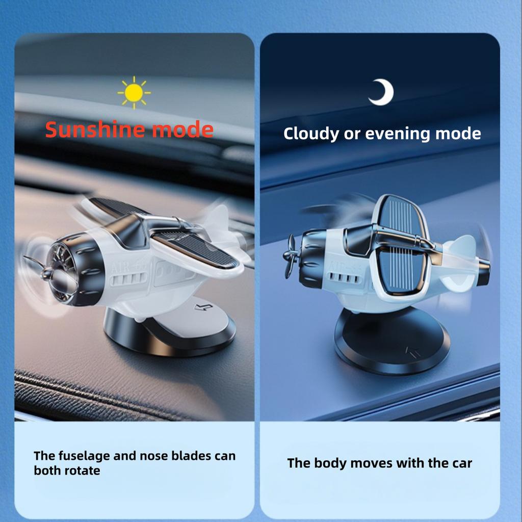Solar-Powered Car Airplane Ornament, Creative 360-Degree Rotating Car Decoration, Dashboard Light-Sensing Fan Accessory
