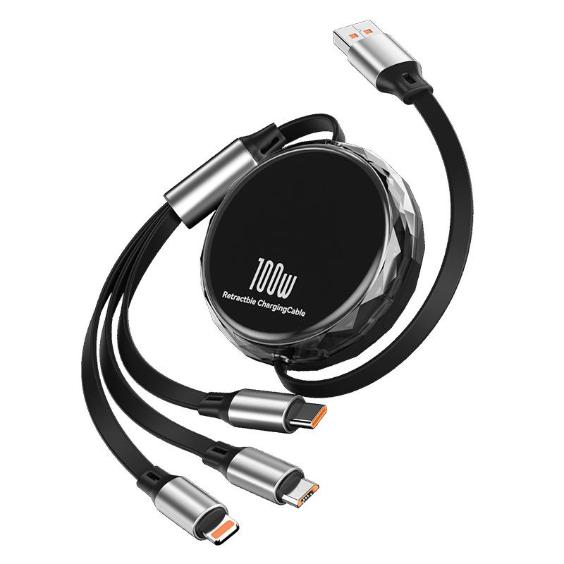 Crystal Diamond 100W Fast Charging Retractable 3-in-1 Cable for Apple, Huawei, Android