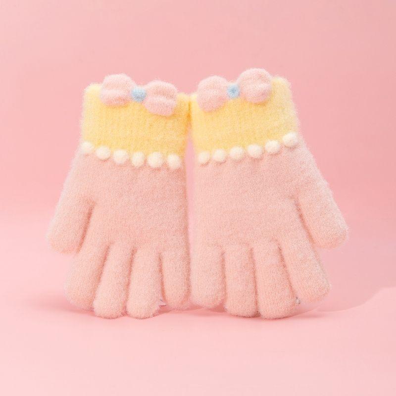 Rękawiczki Jesienno-Zimowe Odporne na Zimno Pogrubione Kokardka Pełne Palce Rękawiczki Dziecięce Rękawiczki Dzianinowe Wiatroodporne Termiczne Grube Rękawiczki Śnieżne
