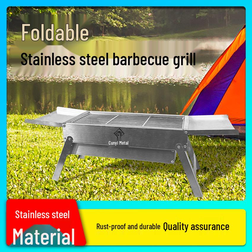 Heavy-Duty Stainless Steel Folding Charcoal BBQ Grill - Portable Outdoor Full Set