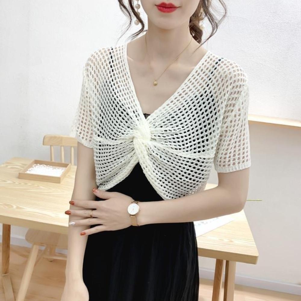 Short Sleeve Mesh Knitted Pullover Top V-neck Sun Protection Shawl T Shirt Beach