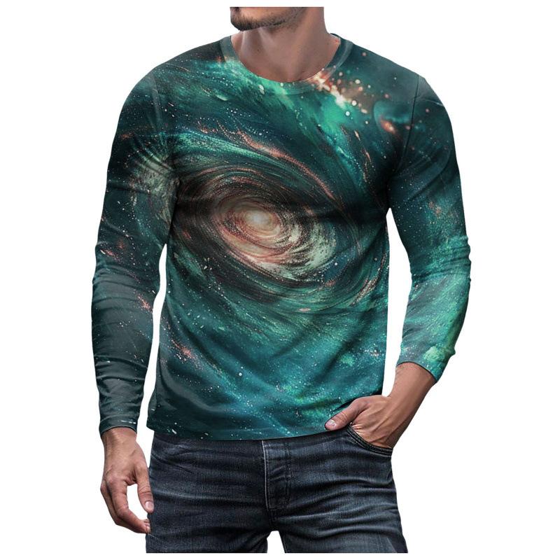 3D Brilliant Starry Sky Printed Top Casual Long Sleeved Men's T-shirts - Soft Medium Stretch Polyester Fabric Spring and Autumn Relaxed Fit Clothing