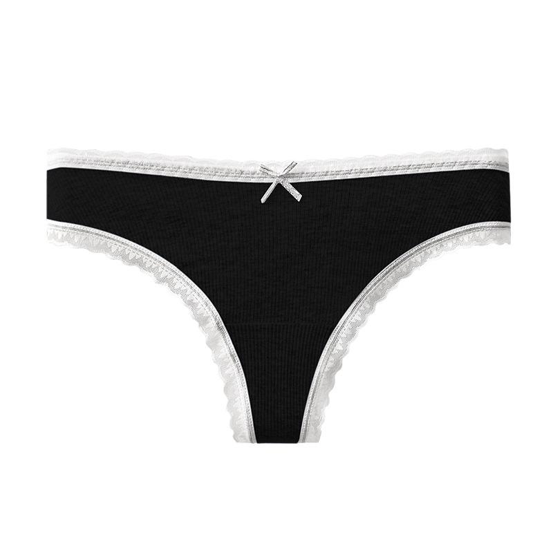 Women Pure Cotton Sexy Lace Mid Waist Ladies Thong Underwear