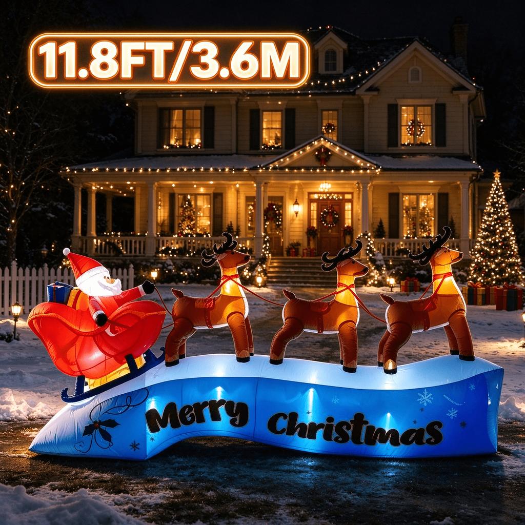 11.8FT/3.6M Inflatable Santa Claus Sleigh with 3 Reindeer Christmas Outdoor Yard Decoration