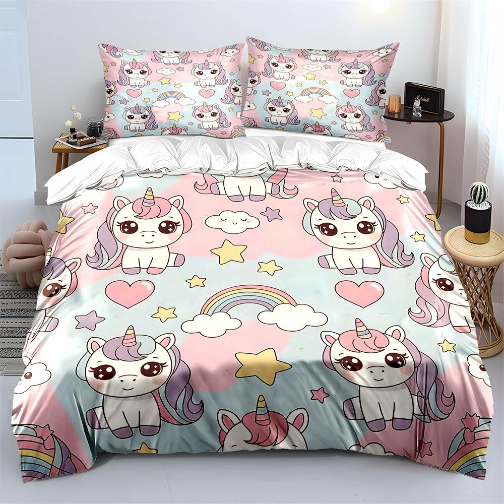 3PC Cute Unicorns with Rainbow Pattern Bedding Set 1 Duvet Cover 2 Pillowcases for Adult and Children Luxury Gift Full Size