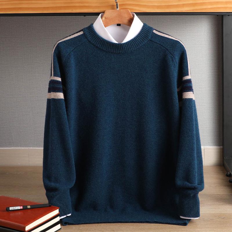 Men's Cashmere Wool Color Block Round Neck Sweater, Korean Style Loose Casual Knit Pullover, Plus Size for Autumn/Winter