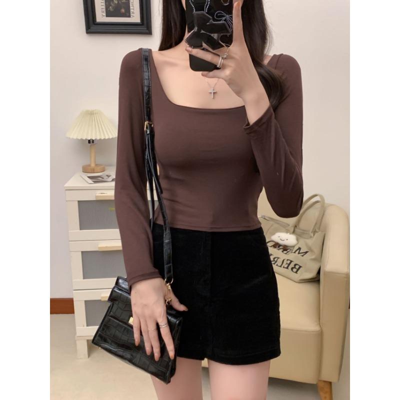 Clavicular-bone Cotton Autumn New Long Sleeve Pure Desire for Simple Style Slimming All Wear Outside Wear Inside Long Sleeve Base Shirt