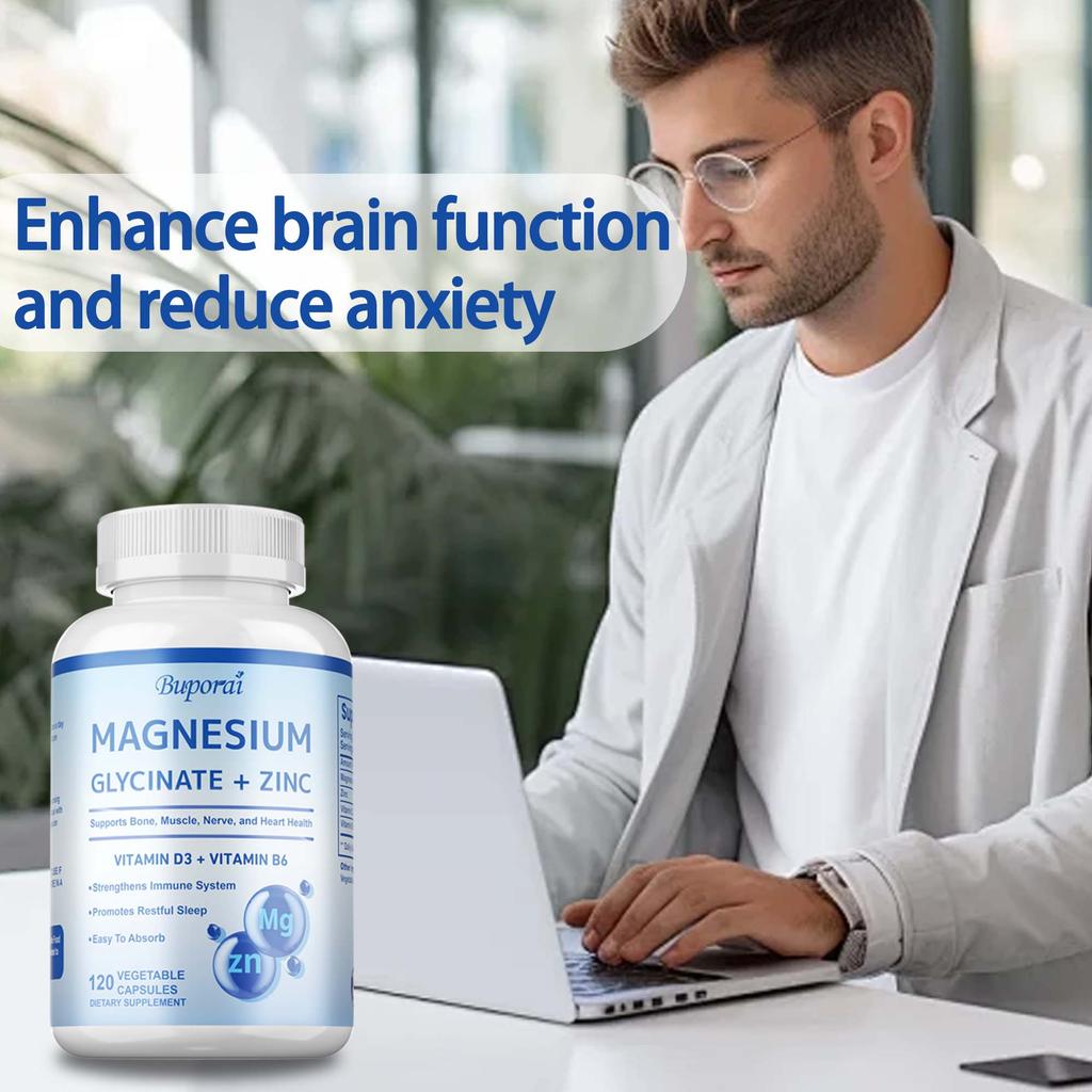 Magnesium Glycine Capsules, Containing Zinc, Vitamin D3, and B6 Extracts, Help Relieve Leg Cramps and Relax Muscles.