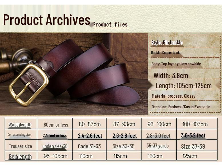 Men's Genuine Leather Pin Buckle Belt - Casual Pure Copper Cowhide Waist Accessory