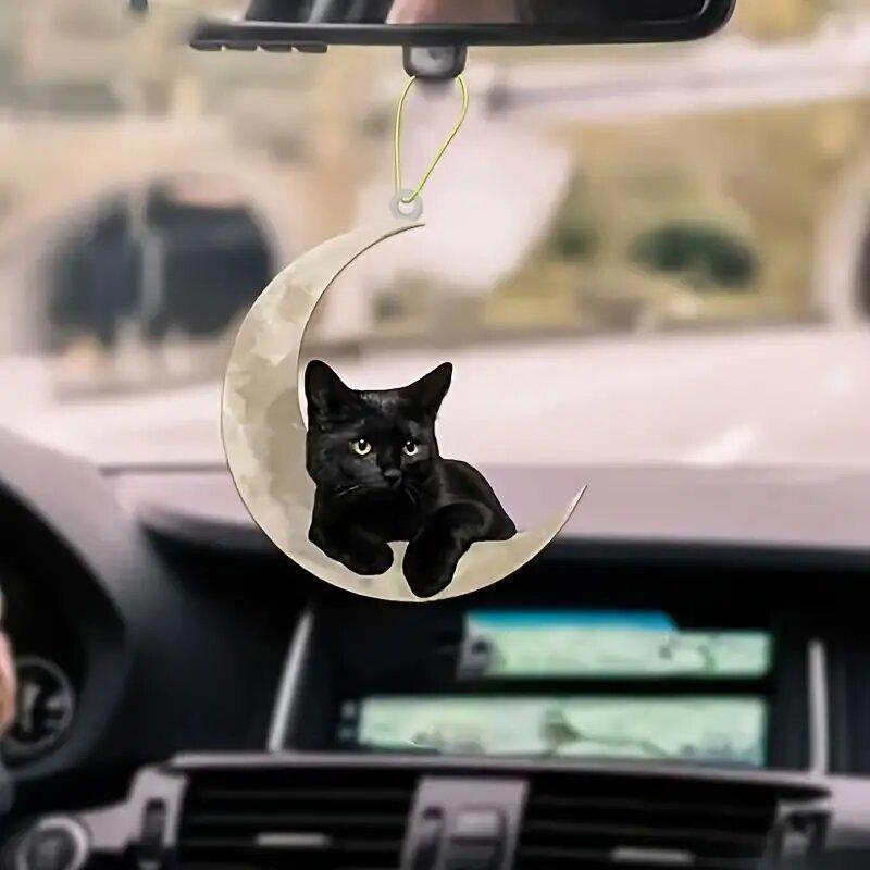 Acrylic Moon & Black Cat Pendant - Creative Keychain, Car Hanging, Backpack Decoration