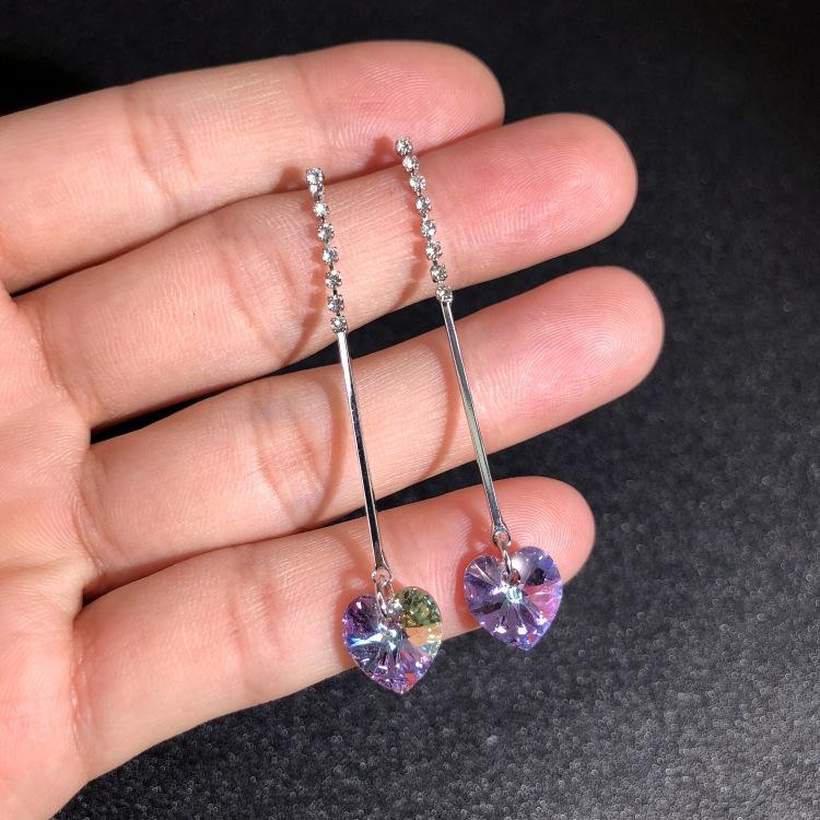 Austrian super flash crystal earrings, stud earrings, niche high-end temperament earrings, long simple earrings, 925 silver needles.