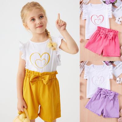 Set Estivo T-shirt con Stampa a Cuori e Pantaloncini con Fiocco per Bambina 2024 - Set Due Pezzi Casual con Maniche a Vola