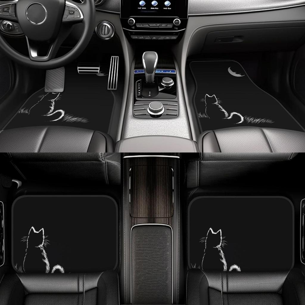 Asamike Light Car Floor Set of Black Cat Car Floor Mats for 2 Front and 2 Fully Easy Suitable for All Seasons Mats, 4, Pattern, Light/Standard Cars,