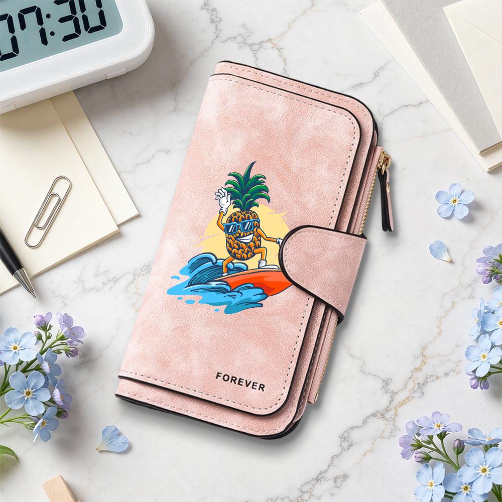 Cute Pineapple Surfing Printed Wallet Casual Card Holder Durable Portable Multipurpose Fashion Trendy Daily Use Purse