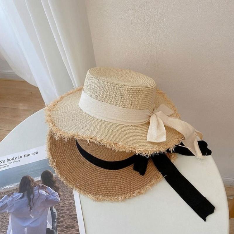 Women's Summer Flat Top Frayed Edge Straw Woven Hat Wide Brim Vacation Beach Sun Protection Hat Bowknot Decor Straw Cap