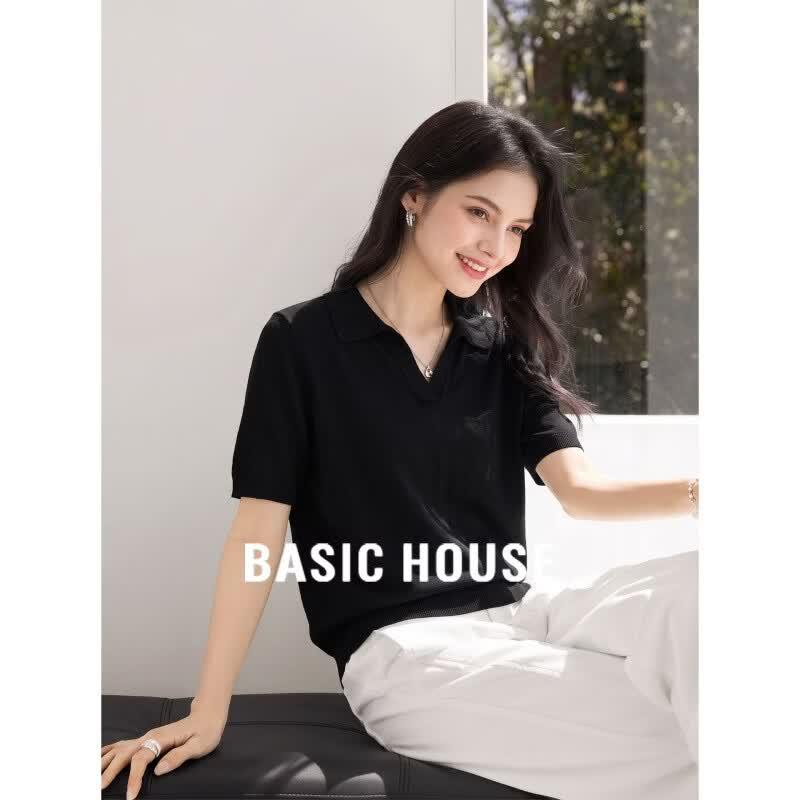 Basic House Women s Black 100% Tencel Lapel Knit Top L
