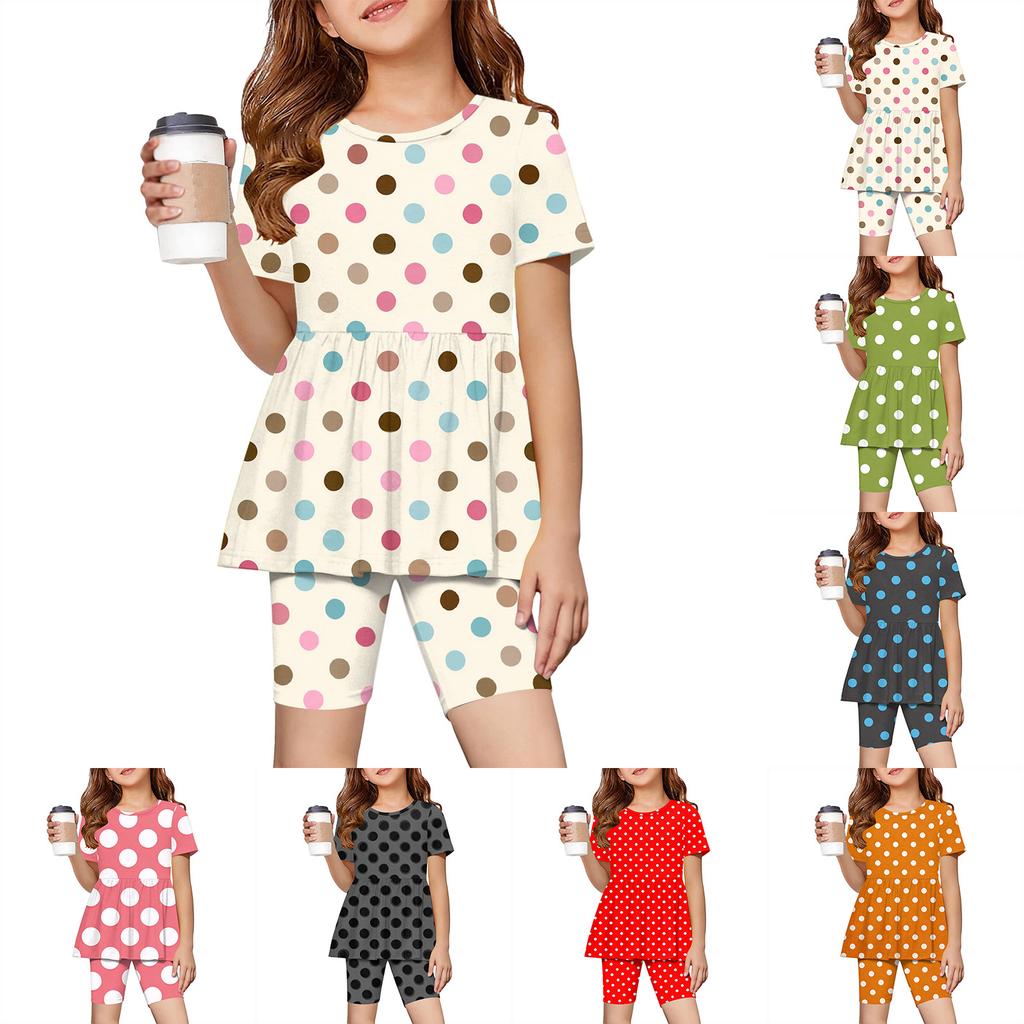 Sommer-Outfit-Set für Mädchen Polka-Dot-Print Kurzarm-Oberteil mit Rüschensaum und Shorts