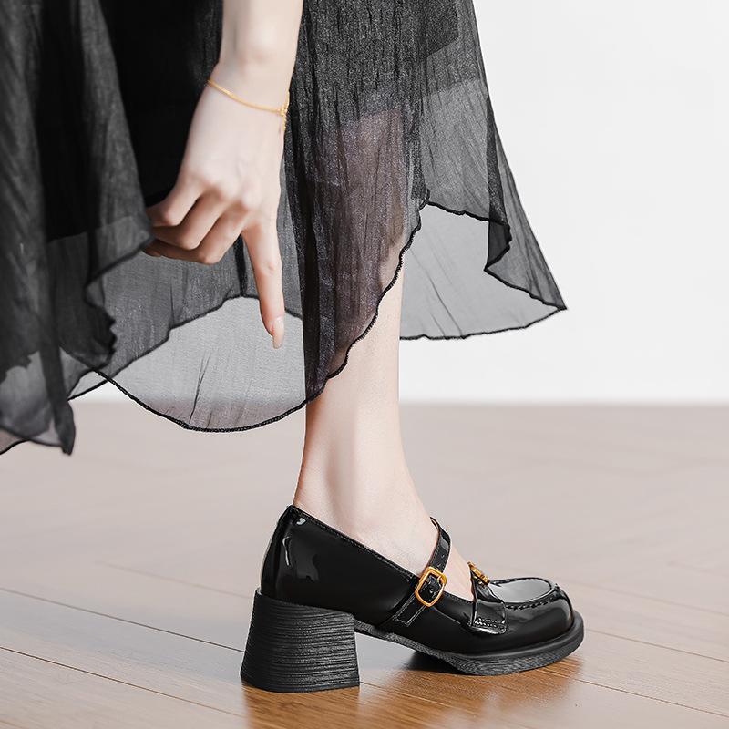 Camellia Retro Thick Heel Mary Jane Women's 2025 Spring and Summer New Light Mouth High Heel One Word with Small Leather Shoes Single Shoes