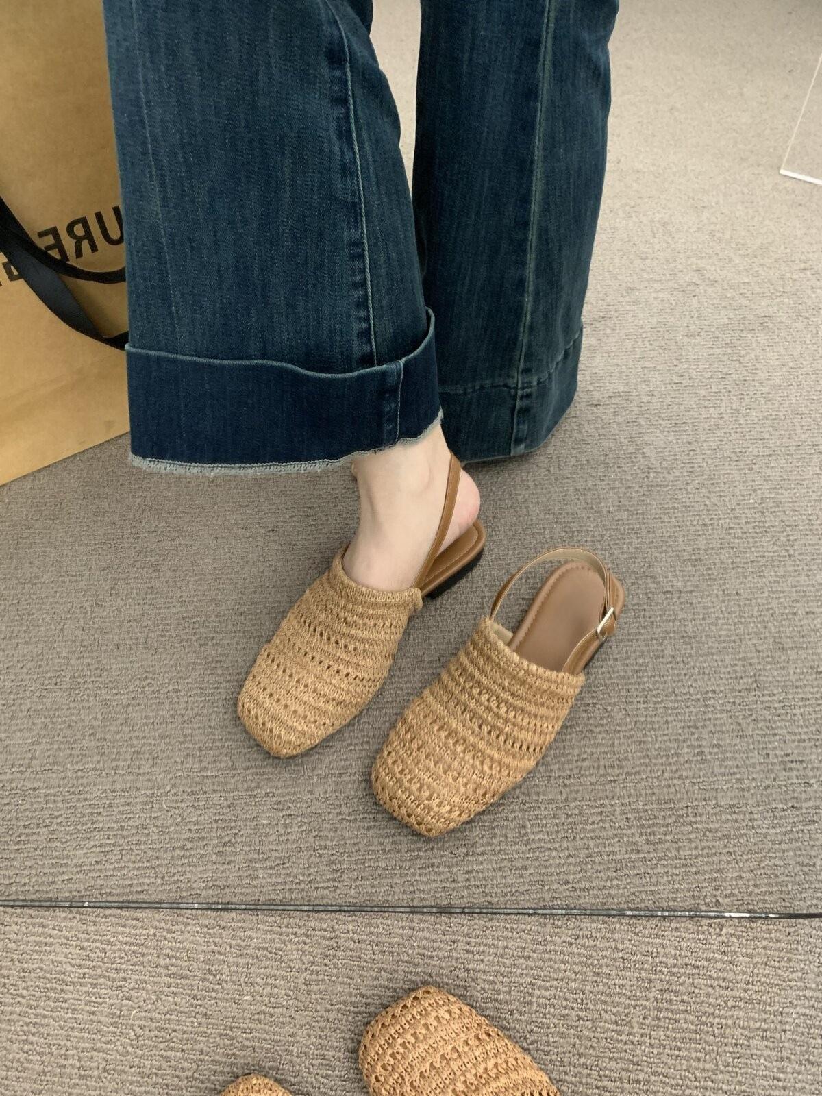 

First Encounter Bohemian Style Linen Woven Breathable After Empty Bag Head Half Slippers Women S Flat Bottom Outer Wear 35 коричневый