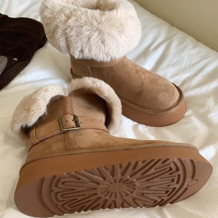 Winter new thick-soled snow boots for women wear leather buckles with plush warm fluffy flanged non-slip cotton boots