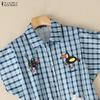 ZANZEA Women Casual Turn Down Collar Short Sleeve Loose Plaid Print Blouse