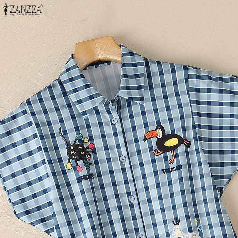 ZANZEA Women Casual Turn Down Collar Short Sleeve Loose Plaid Print Blouse