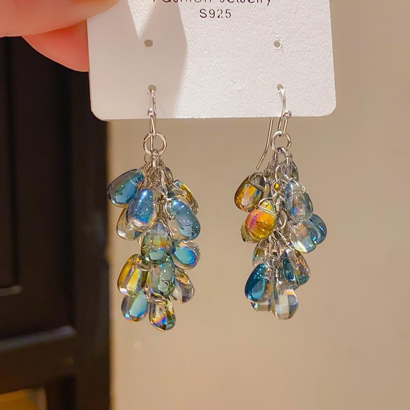 Retro Silver Needle Zircon Glass Water Drop Earrings Court Temperament Stud Earrings Personality Trend Versatile Earrings Women