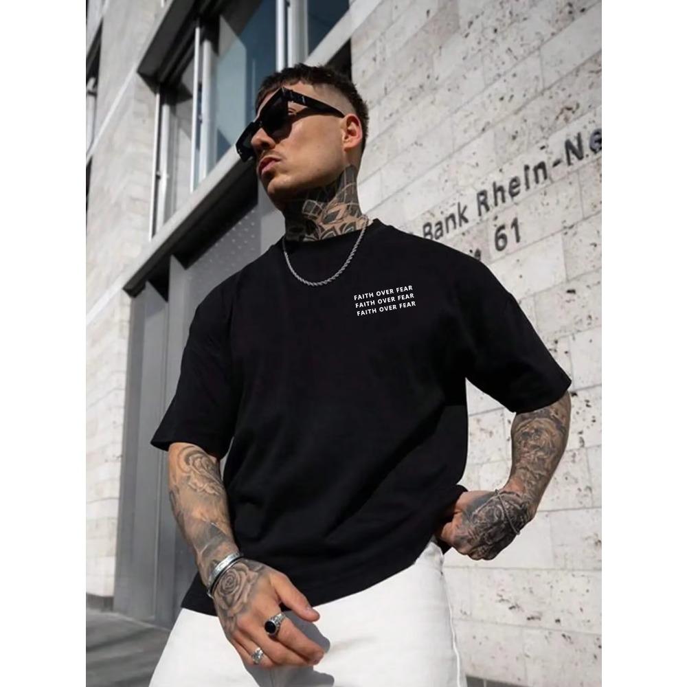 Faith Over Fear Positive Energy Letter Graphic Tshirts Men Fashion Cotton T-Shirts Summer Loose Tee Clothes Breathable Soft Tops