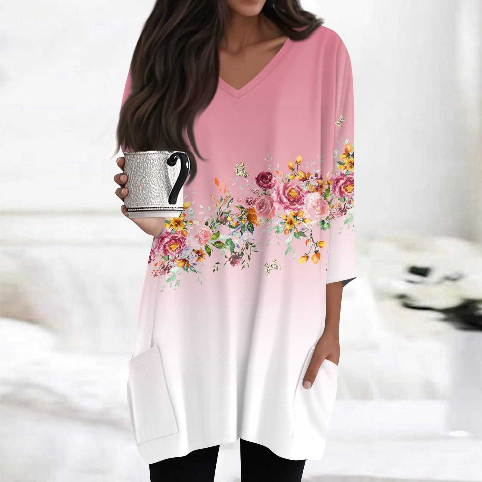 

Женские топы с V-образным вырезом и рукавом 3/4 Блузки Повседневные рубашки средней длины Модные принты Туники Топы с карманами L