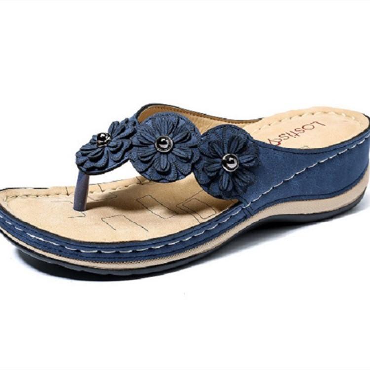 Summer New Flower Sandals Car Line Platform Toe Slippers Large Size Retro Beach Flip-flops