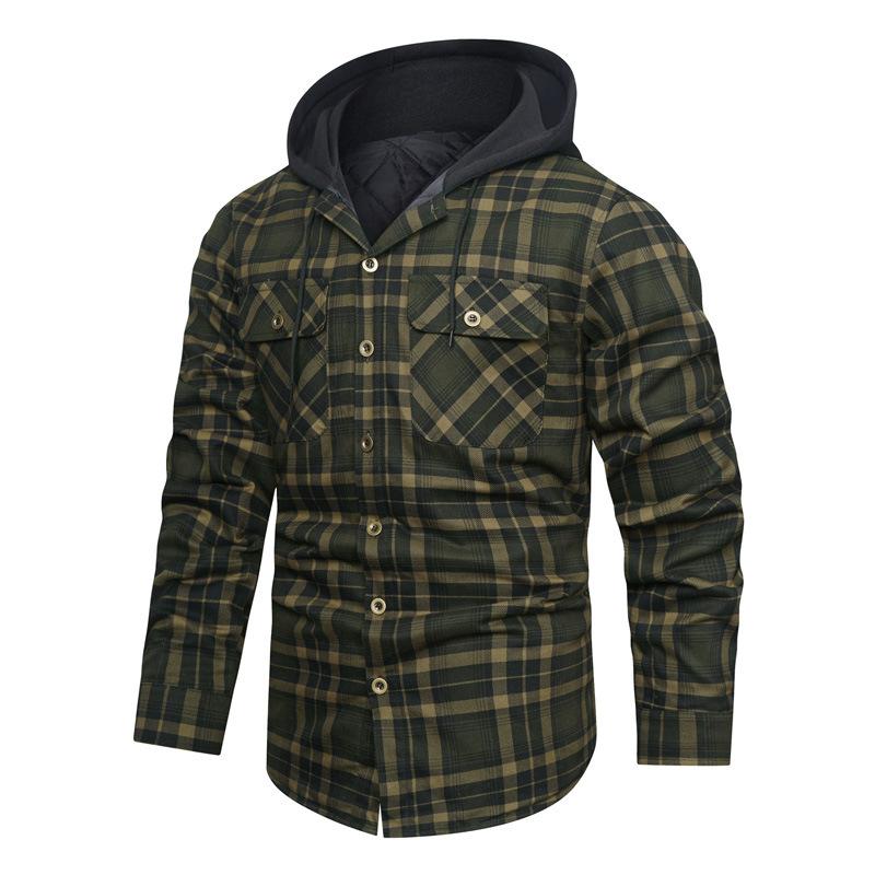 New Men's Jacket Autumn and Winter Thickened Plaid Shirt Long Sleeve Loose Hooded Shirt Men