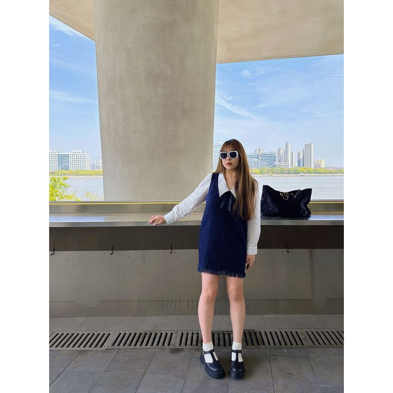 

30% off Miss Biggie Fashion Plus Size Show Classic Style College Style Shirt Collar Long Sleeves Straight-leg Dress Navy blue XXL