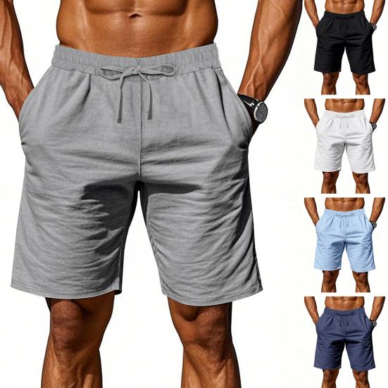 Men Summer Beach Shorts with Pockets Drawstring Elastic Waist Solid Color Versatile Casual Shorts for Daily Wear