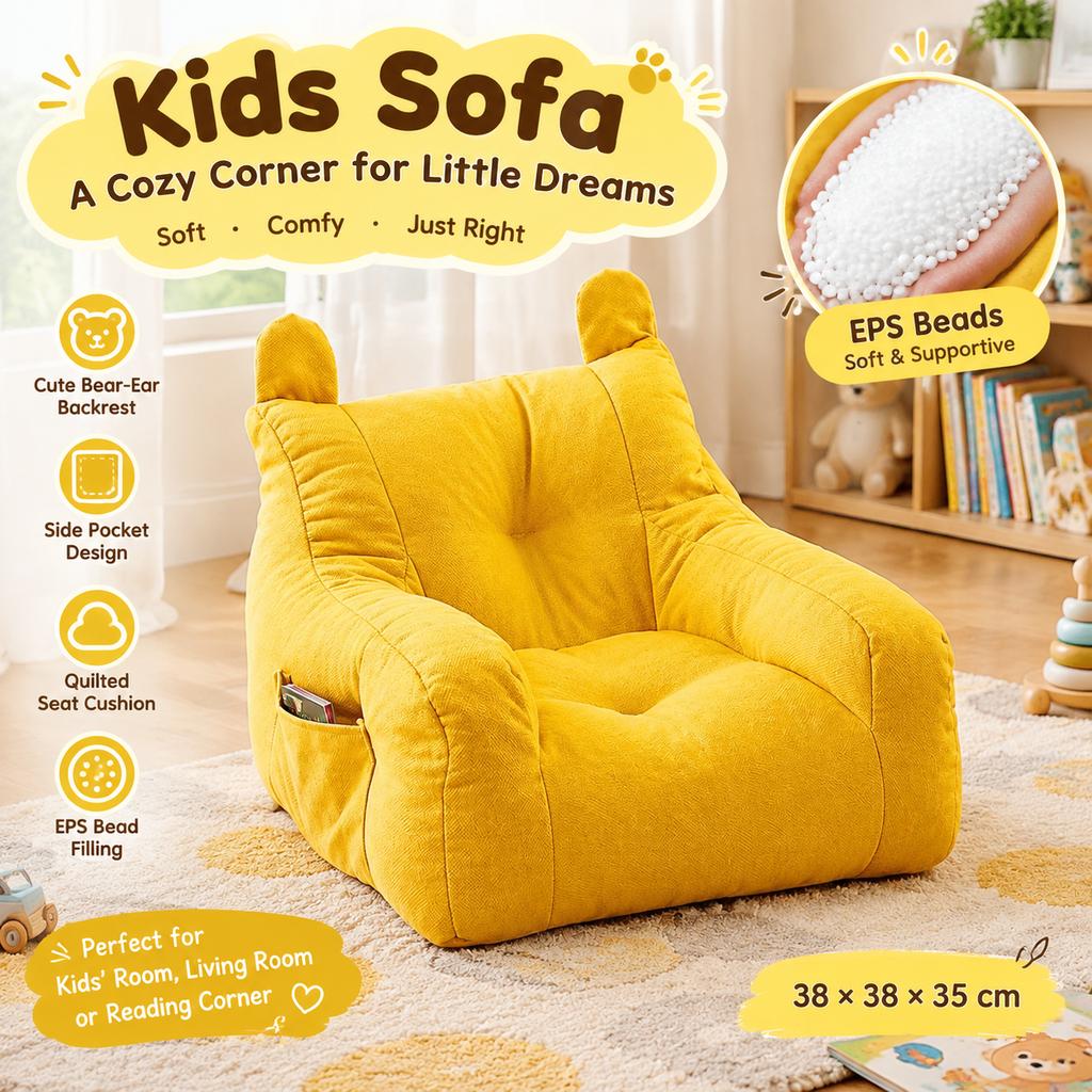 Kids Sofa Yellow Lazy Sofa with Bear-Ear Backrest and Side Pocket 38x38x35cm