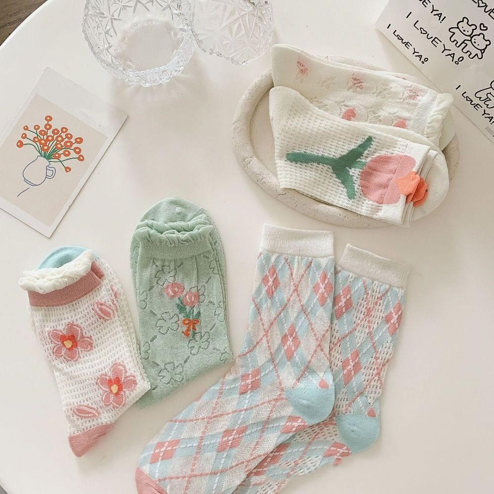 6Pairs Mesh Hollow Transparent Flower Socks Ruffle Sweet Socks Women Ins Style Mid Tube Socks  Girl