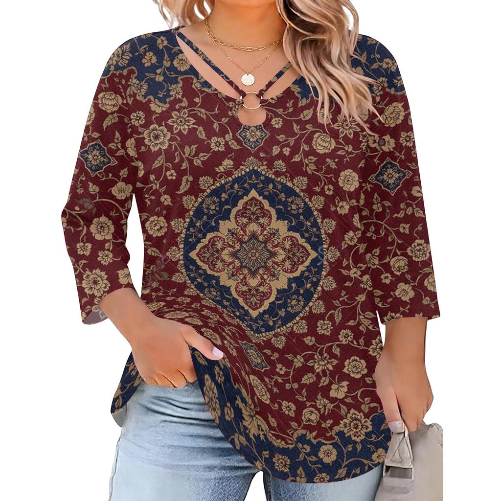 Blusa Floral Feminina Plus Size com Manga Três Quartos, Blusa Casual, Túnica de Corte Amplo para Primavera Verão, Uso Diário, Trabalho e Saídas