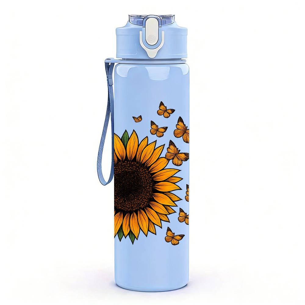 1PC Single Sunflower Bloom 750ml Color Plastic Sports Water Bottle Leakproof Flip Straw Lid For Sports Office Home Use
