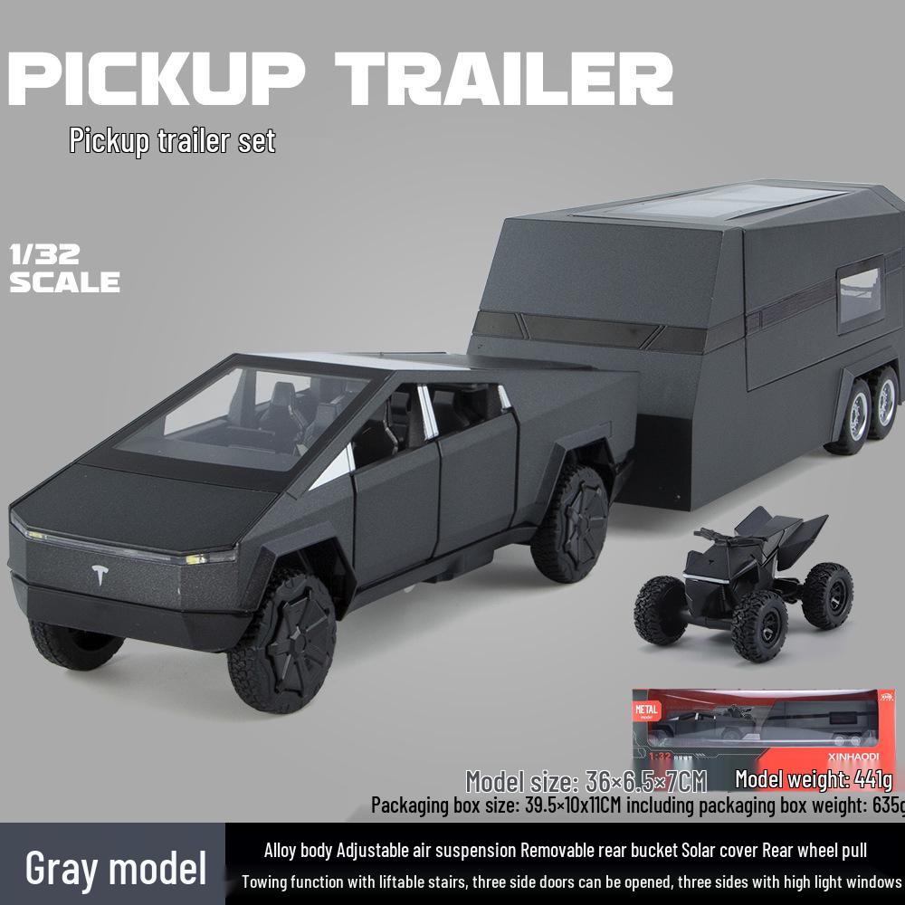 1:32 Tesla Pickup Truck Toy with Caravan: Alloy Pull-back Model with Sound, Light, and Opening Doors