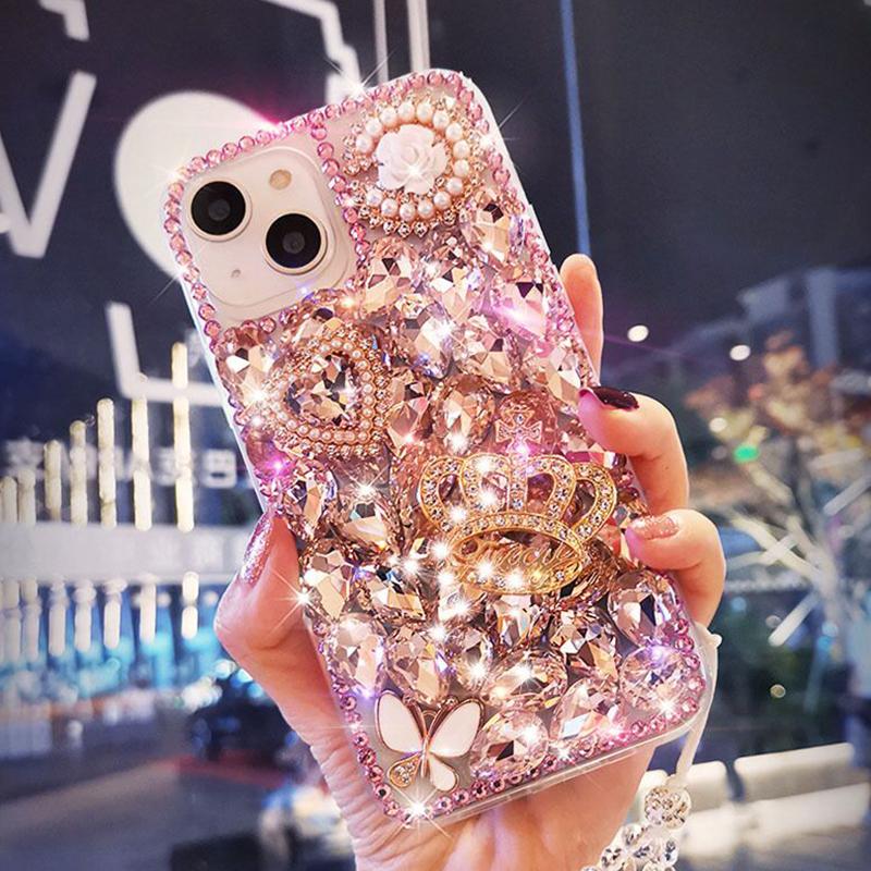

Glitter Pearl Love Crown Cover Case For iPhone 17 ProMax Air 16 E 15 Plus 14 Pro 13 MINI 12 11 X XR XS Max 7 8 Plus Case For iPhone XR&Case & Strap